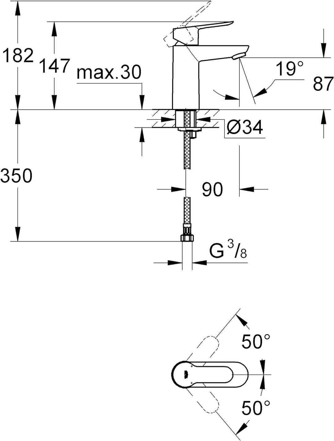 GROHE Start Edge | Einhand-Waschtischbatterie, S-Size | chrom | 23344000, Silber S-Size glatter Körp