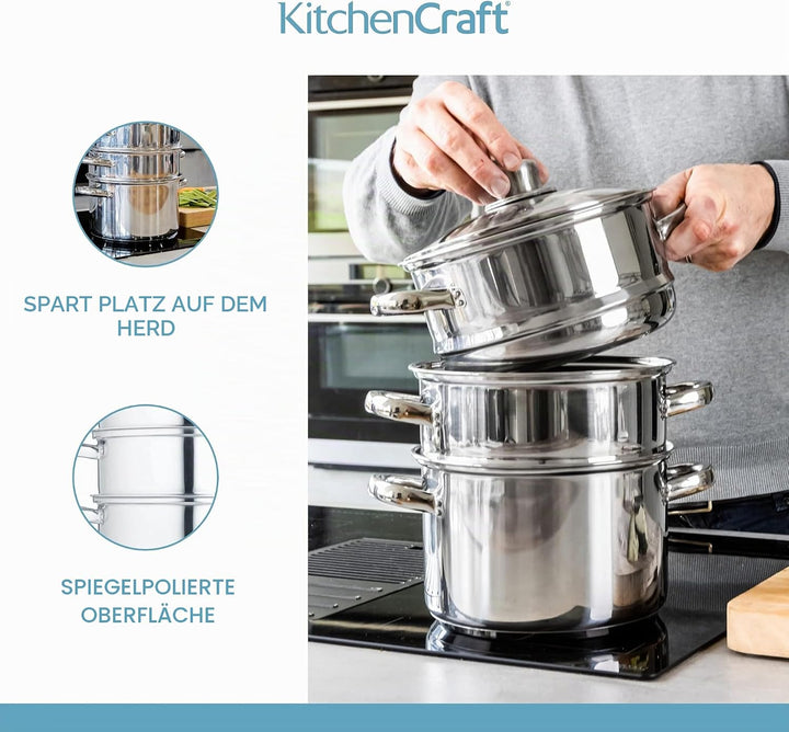 KitchenCraft Multifunktioneller Kochtopf Set, Dampfgarer/Suppentopf mit 3 Töpfen und Deckel, Indukti