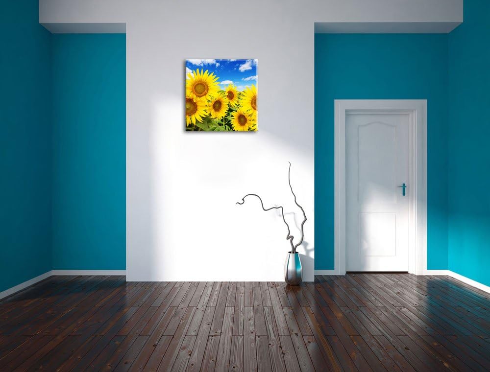 Pixxprint Sonnenblumenwiese unter blauem Himmel, Format: 70x70 auf Leinwand, 70x70
