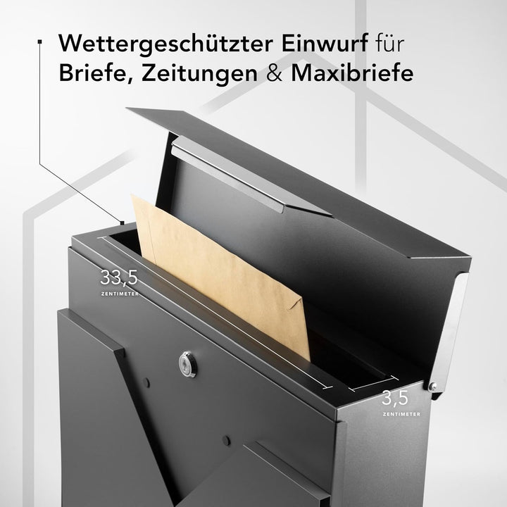 Moderner Briefkasten Personalisierbar Venedig Anthrazit RAL7016 - mit Zeitungsfach - Wandbriefkasten
