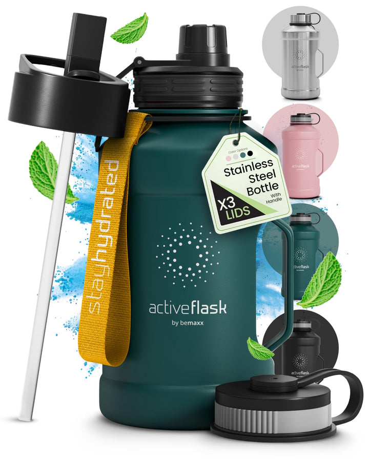 BeMaxx Trinkflasche Edelstahl ACTIVE FLASK + Strohhalm (3 Deckel) | Grosse 1,3 Liter Sportflasche BP