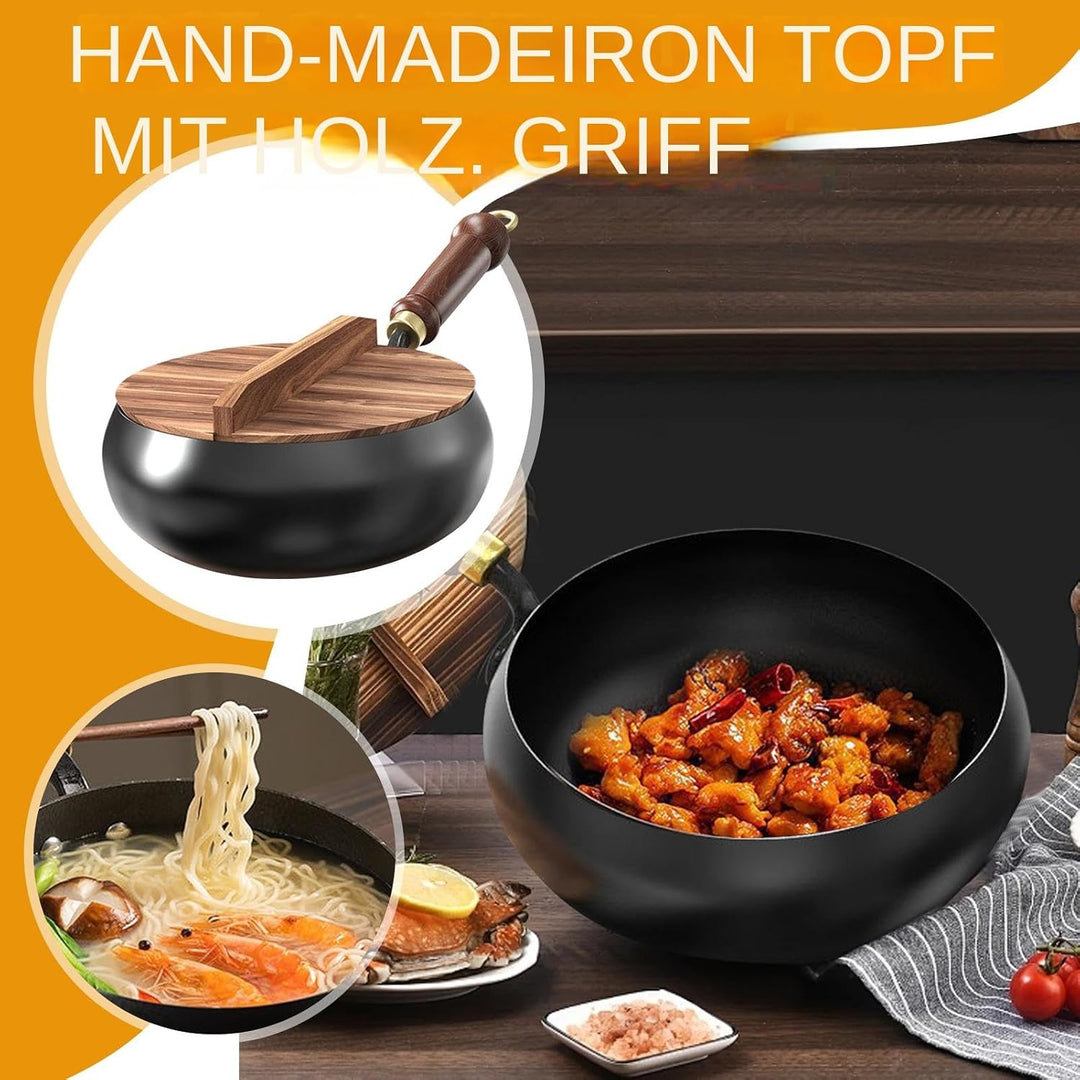 Hand Made Iron Pot with Wooden Handle, Hand-Forged Non-Stick Wok Pan, 24cm Cookware with Anti-Scaldi