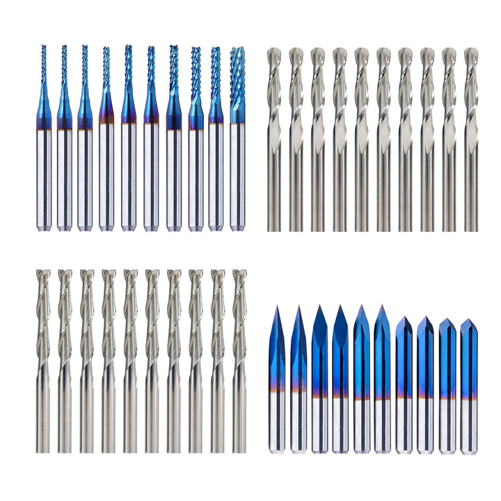 FoxAlien 1/8" Schaft CNC Gravierstichel Fräser-Kit für alle Zwecke, V-Fräser, Spiral-Schaftfräser, 2