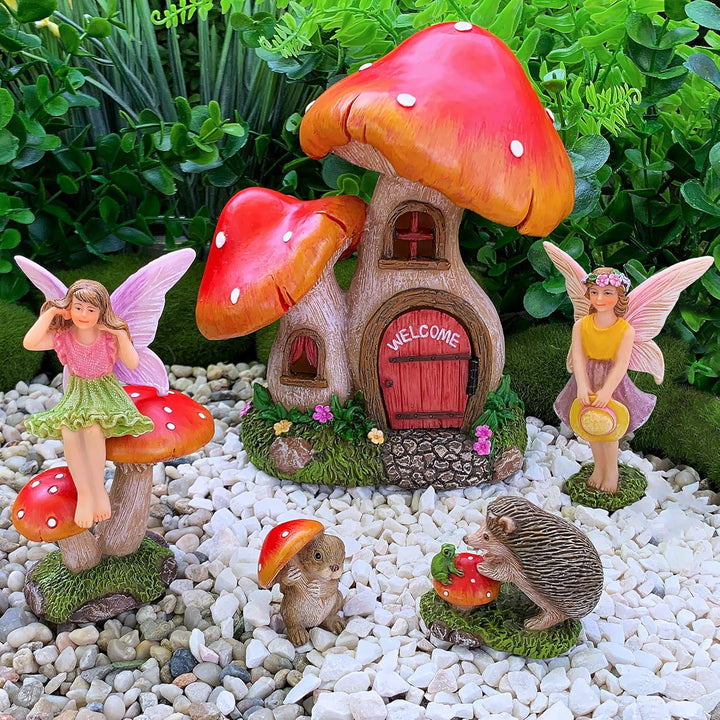 Miniatur-Set für Feengarten, Pilzhaus, 6 Stück, Figuren und Zubehör für den Aussenbereich oder als H