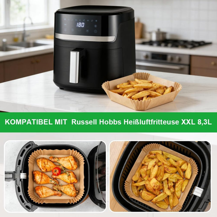 BYKITCHEN 200 Stück Backpapier Airfryer für 8L-12L Heissluftfritteuse, 25cm, Antihaft Eckig Hitzebes