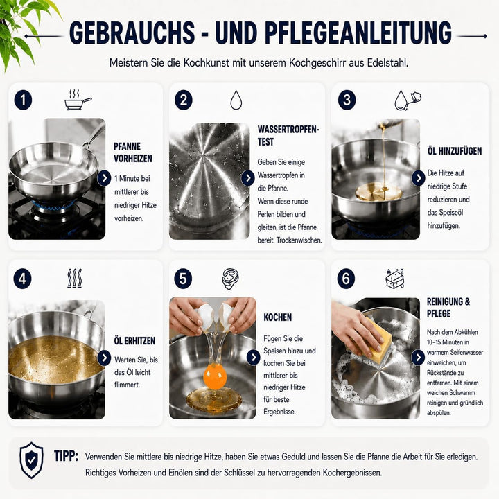 Edelstahlpfanne 28 cm mit Deckel, Unbeschichtete Bratpfanne für Induktion, Durchgehend 3-lagig (3 mm