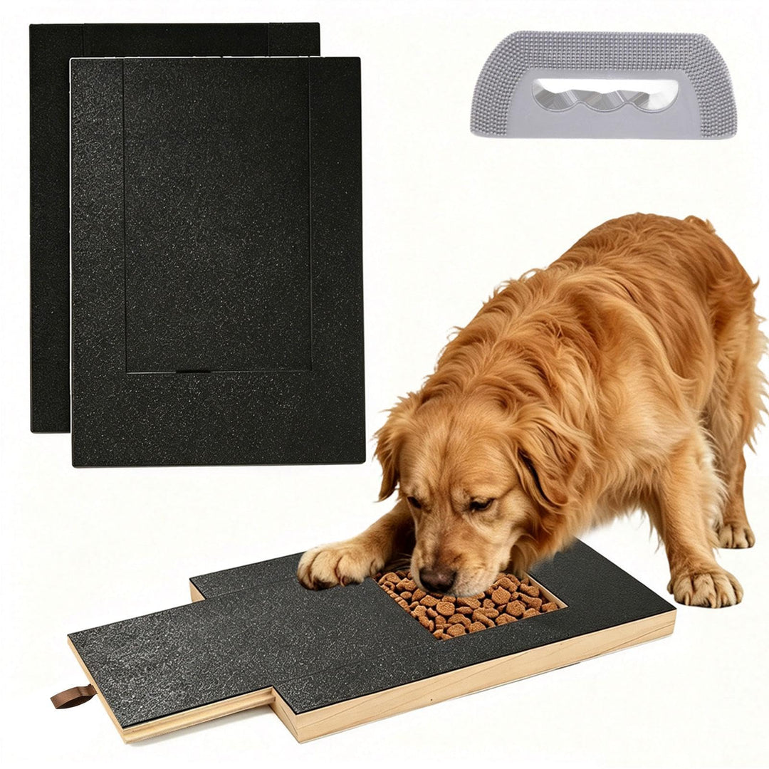 Krallenschleifer für Hunde - 35x25x3cm Holz Scratch Hund mit Leckerlibox, Inklusive Enthaarer und 2x