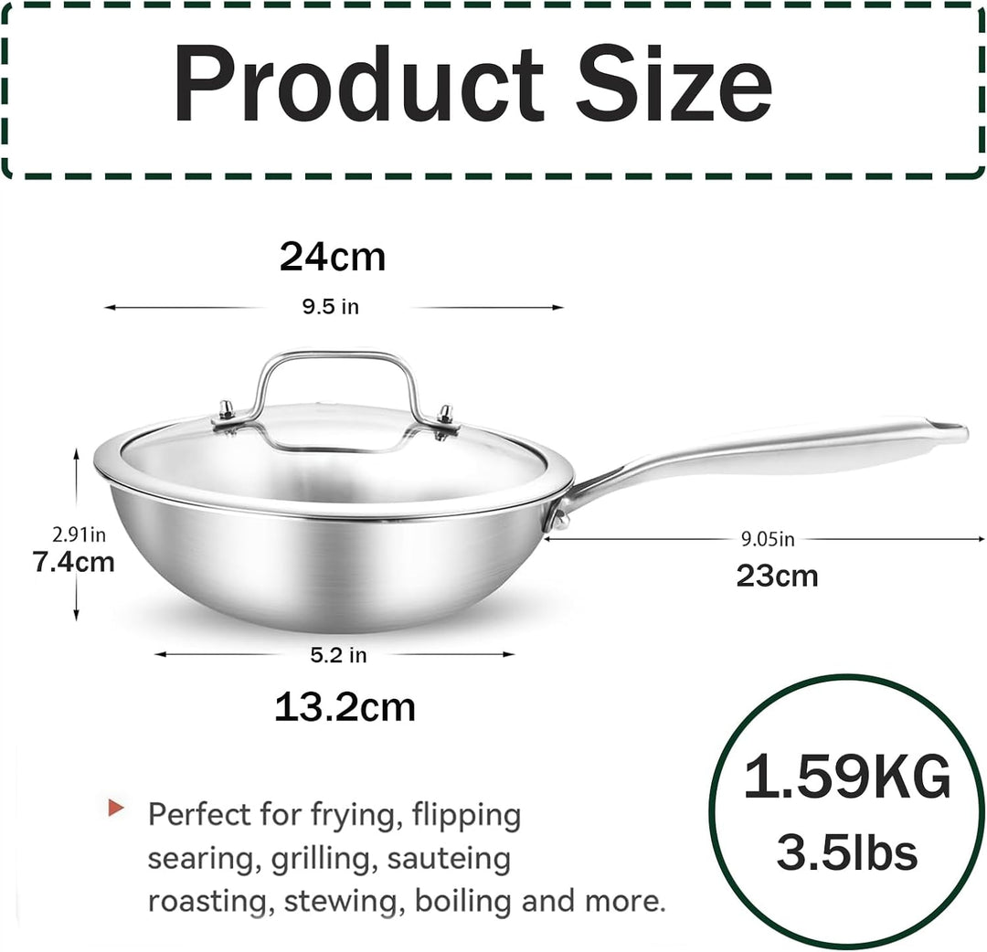 Edelstahl Pfanne 24cm Induktions,Wokpfanne, Der ganze Topf aus dreilagigem Stahl, mit Deckel, indukt