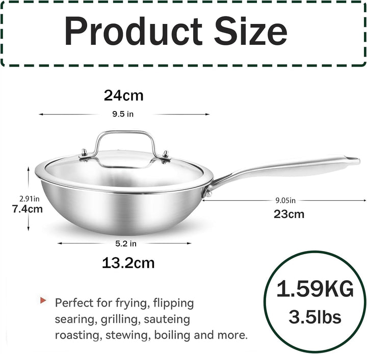 Edelstahl Pfanne 24cm Induktions,Wokpfanne, Der ganze Topf aus dreilagigem Stahl, mit Deckel, indukt