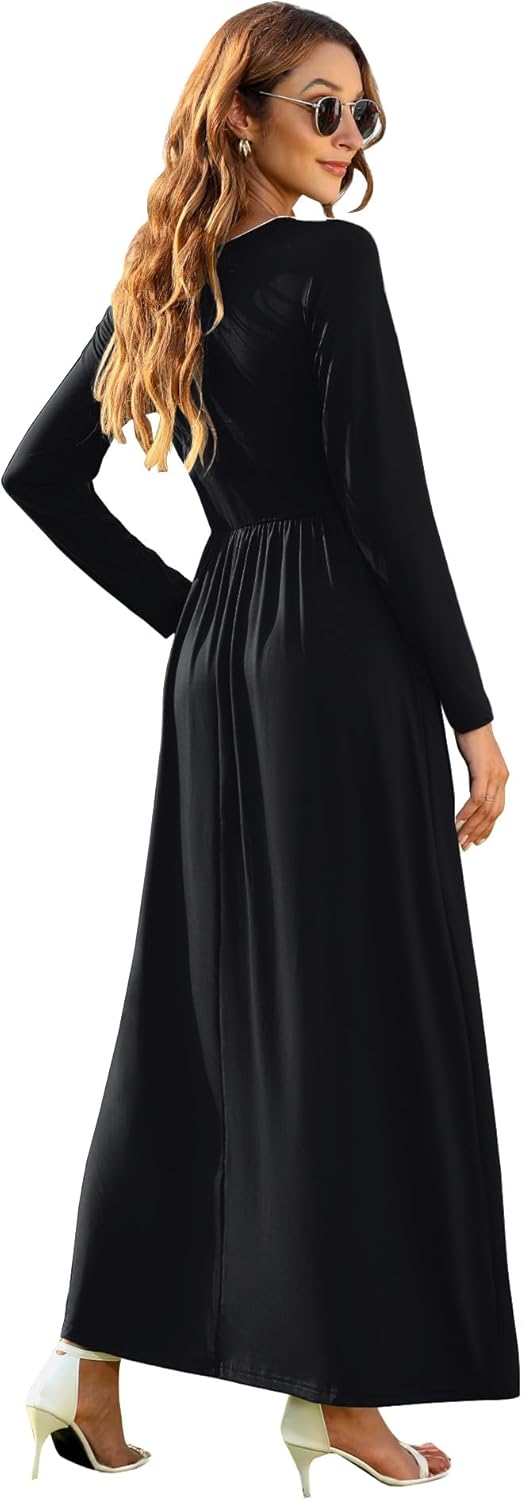 AUSELILY Damen Langarm Maxikleider Lässige Langkleider mit Taschen Winter, S Schwarz