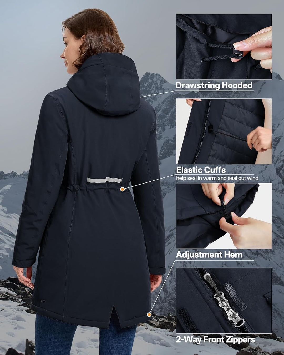 33,000ft Damen Wintermantel Lange Warme Winterjacke Parka Regenjacke Verdickene Funktionsjacke Mit K