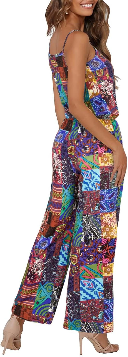 OUGES Damen Sommer Ärmellos Jumpsuit Overall Lang Hosenanzug Casual Playsuit Romper mit Taschen M Fl
