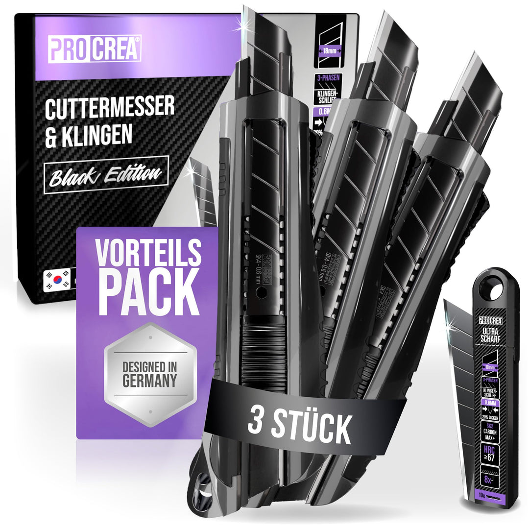 PROCREA® Premium 3er Cuttermesser & Klingen Set "Black Edition" [Extrem Robust & Ultrascharf] Das 18