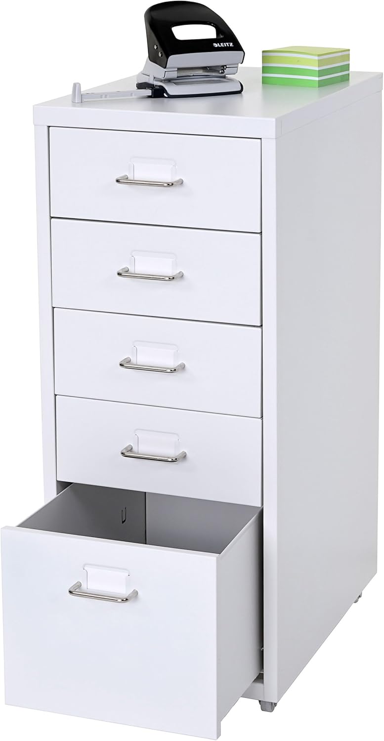 PROREGAL Rollcontainer Housten HxBxT 69x28x41cm 5 Schubladen Weiss Schubladenschrank Stahlschrank 5
