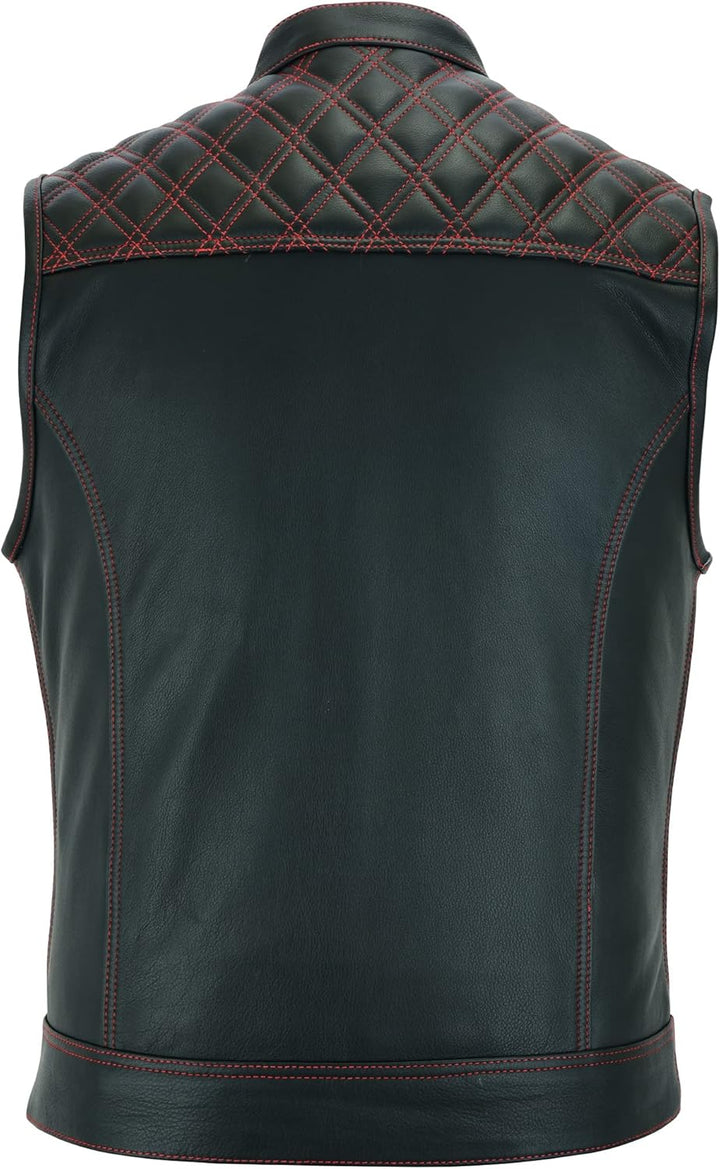 Leatherick Groove Club Herren-Motorradweste aus schwarzem Leder – Bikerweste 48 Schwarz (rote Rauten