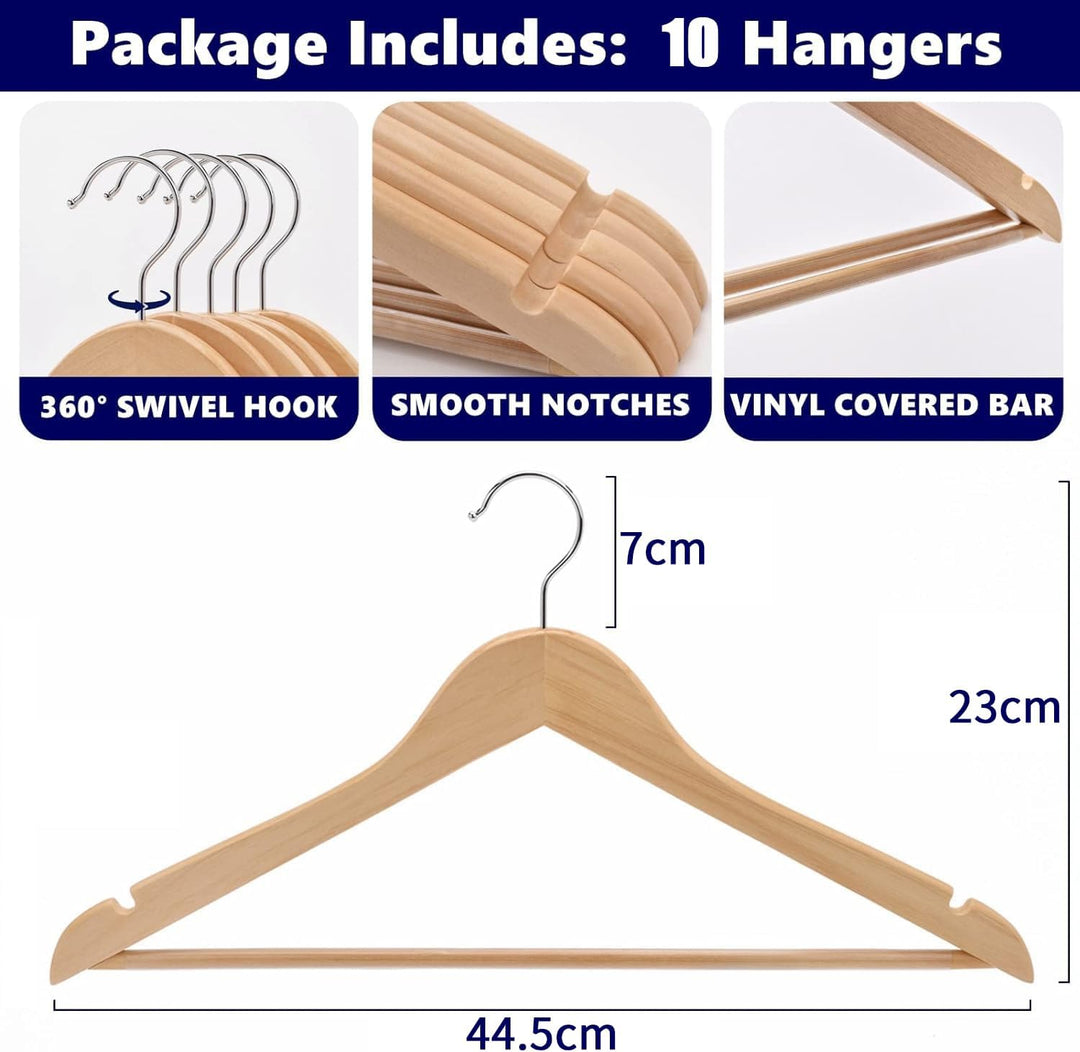 Amber Home 10 Stück 44,5cm Natürliche Kleiderbügel aus Holz mit Stange und Nut, Robust Aufhänger für