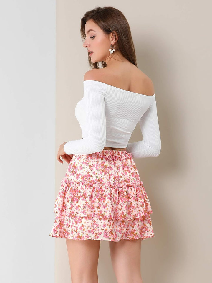 Allegra K Damen Stufenrock Mini A-Linie Geschichtet Chiffon Blumen Kurz Minirock Rock S Rose, S Rose