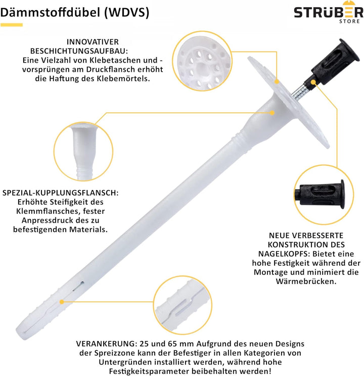 WDVS SET (Ø10x110mm Dämmstoffdübel mit Kunststoffnagel 200St + Grau Styropor Rondelle 200St + Styrop