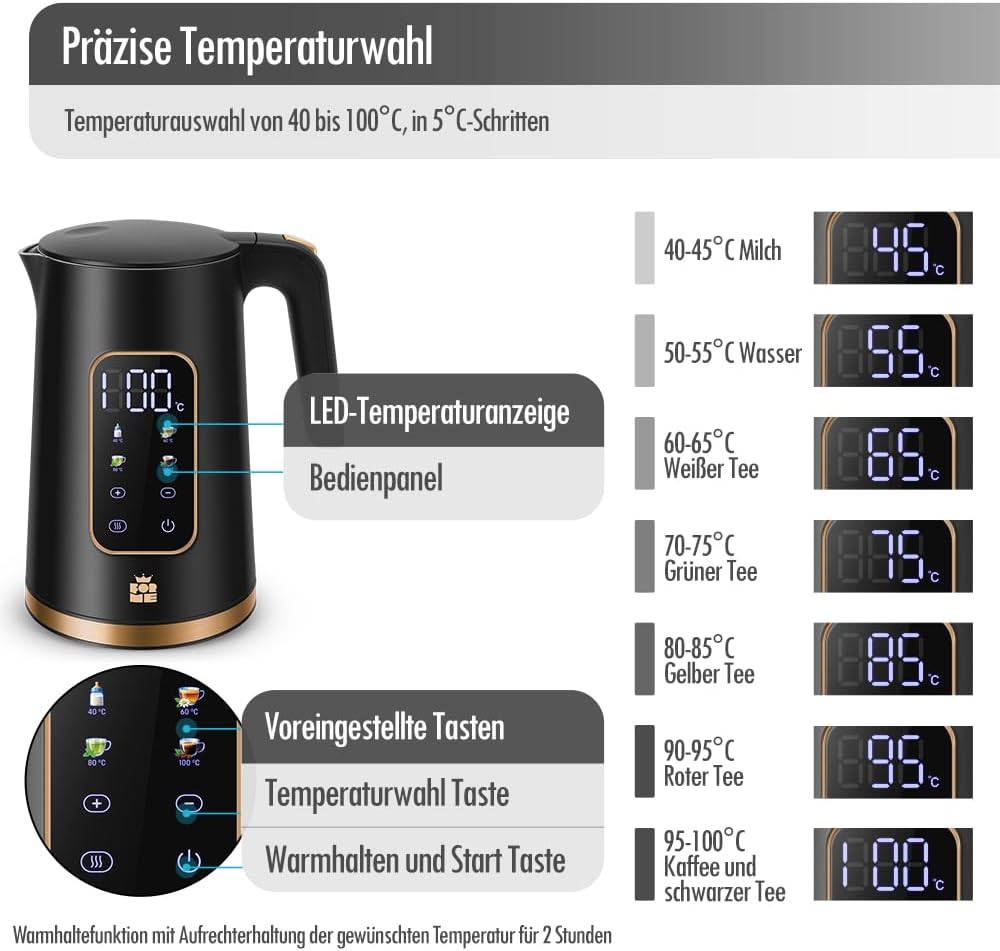 ForMe Edelstahl Wasserkocher 1,7 L mit Temperatureinstellung Temperaturwahl 40-100°C I LED Digitale