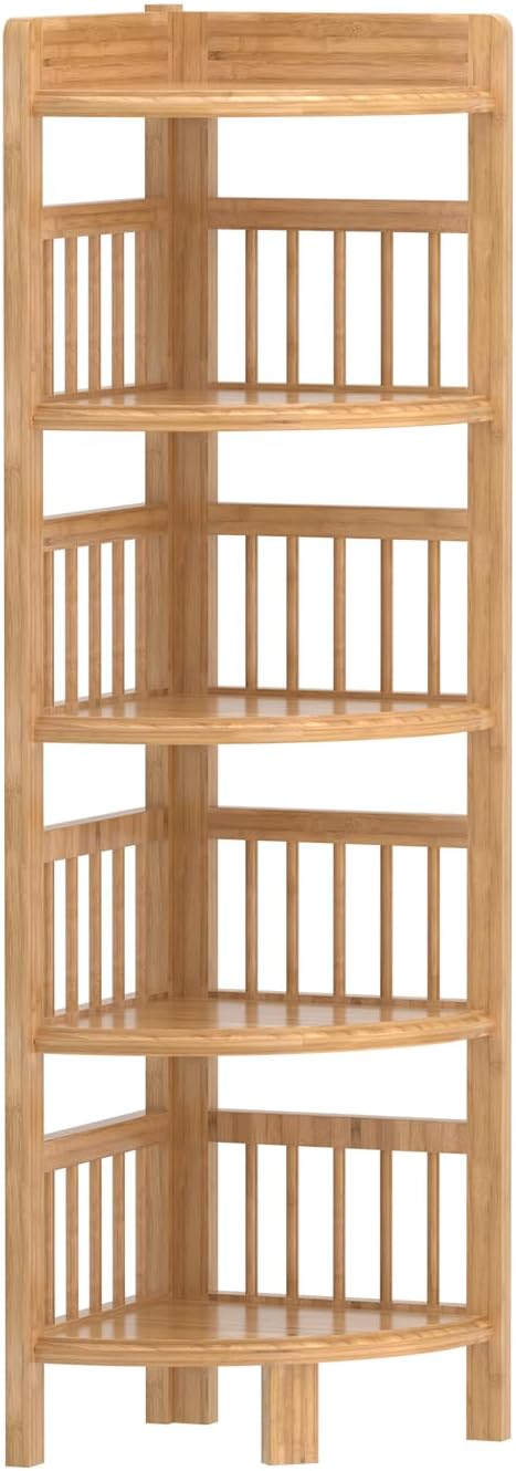 Dripex Eckregal stehend, Eckregal Bambus, Standregal mit 5 Ablagen, 110x30x30cm, Platzsparend, Klein