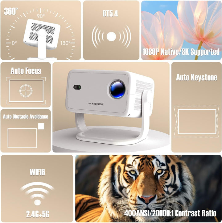 Magcubic Mini Beamer, Smart Projektor 4K Supported, with 400 ANSI, Native 1080P, 180° Rotatabled, Wi