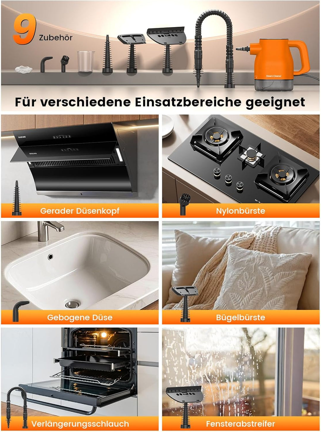 Handdampfreiniger mit Smart-Touchscreen, 10 Sek. Aufheizzeit, 400 ml Wassertank, 4 m Netzkabel, 2 Da