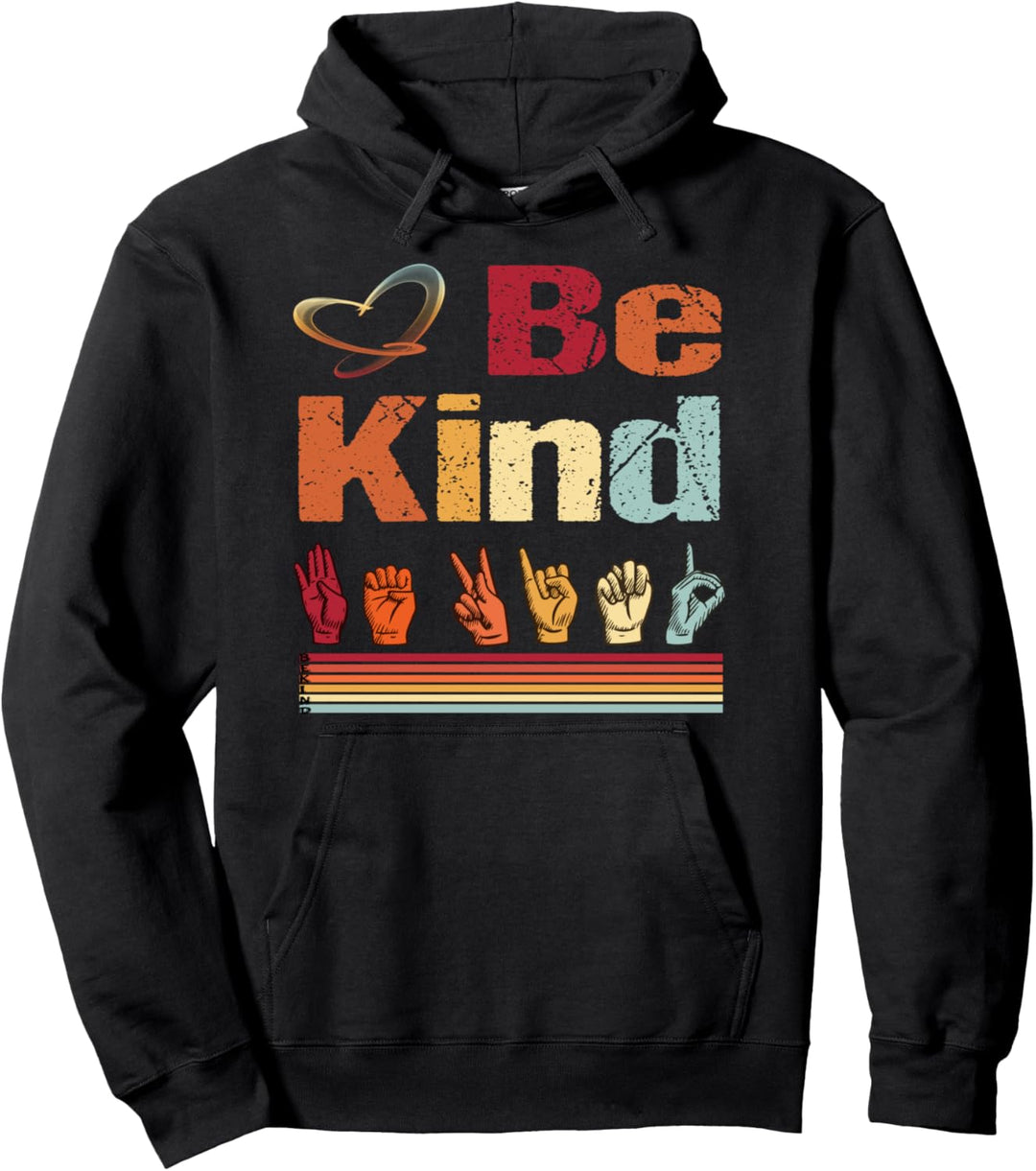ASL Be Kind Teachers Interpreter Womens Retro Sign Language Pullover Hoodie