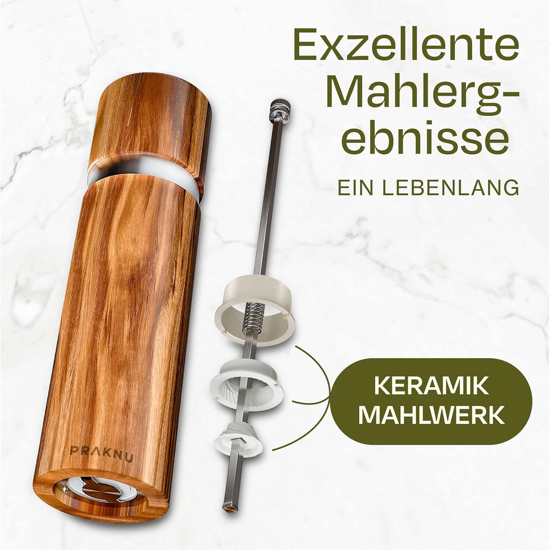 Salz und Pfeffermühle aus Akazienholz mit Untersetzer - Nachhaltiges FSC® Holz - Langlebiges Keramik