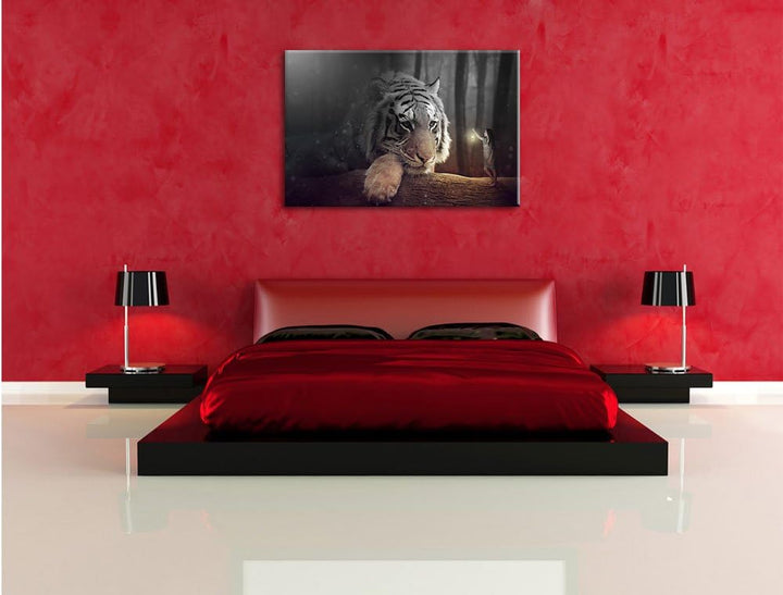 Pixxprint EIN Fantasy-Welt - eine Frau und EIN Riesen-Tiger B&W Detail, Format: 100x70 auf Leinwand,