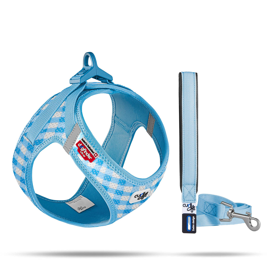 Vest Harness curli Clasp Air-Mesh SkyBlue-Caro XS & Leash M, Skyblue-Caro XS
