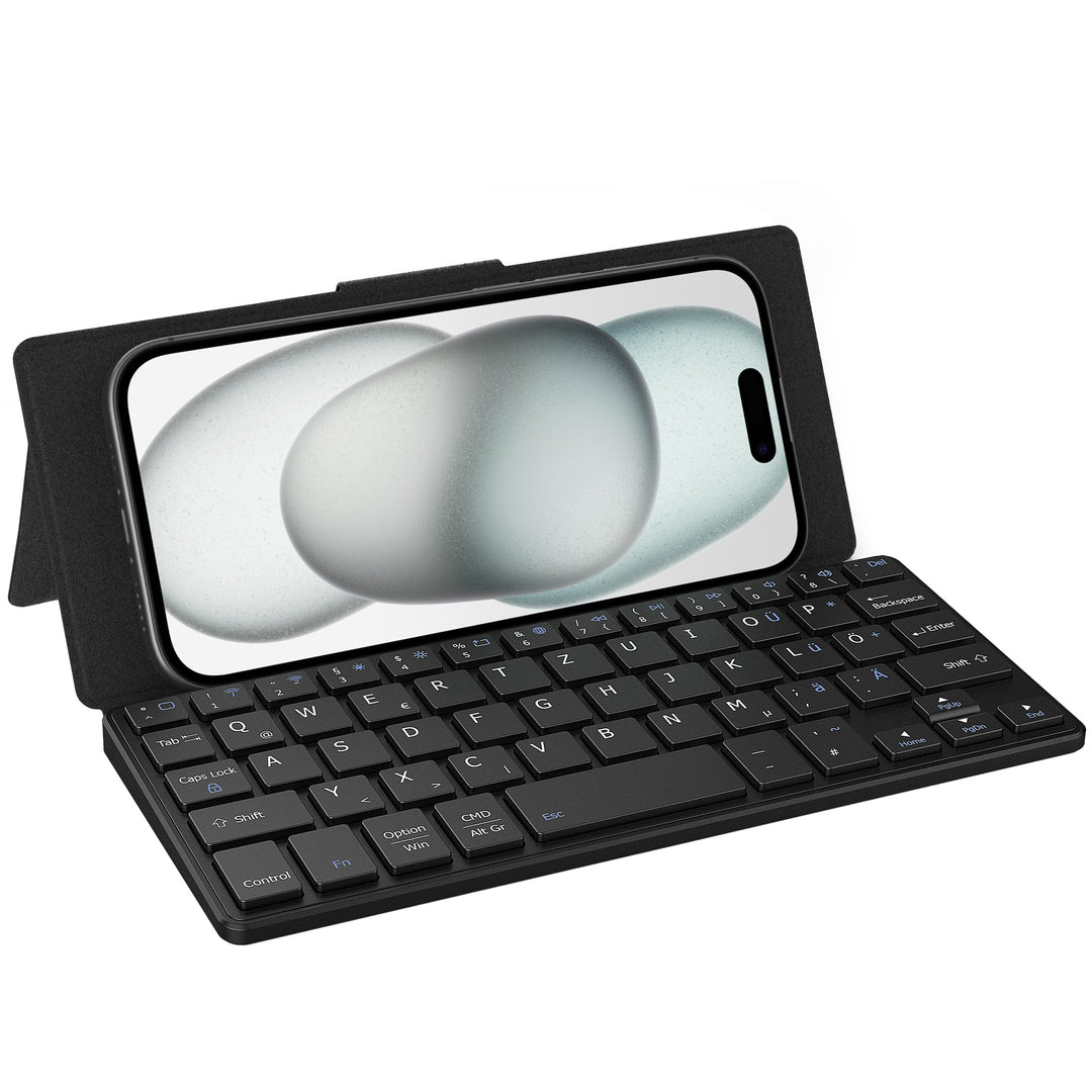 CACOE Bluetooth Tastatur mit Ständer, Mini Tastatur für Handy, Ultraflache Tragbare, Faltbare, Dual-