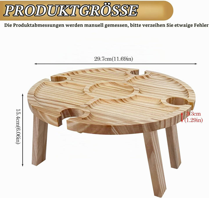 Faltbarer Picknicktisch aus Holz: Tragbarer Picknick Weintisch mit Rotweinglashalter, Rund Holz Gart
