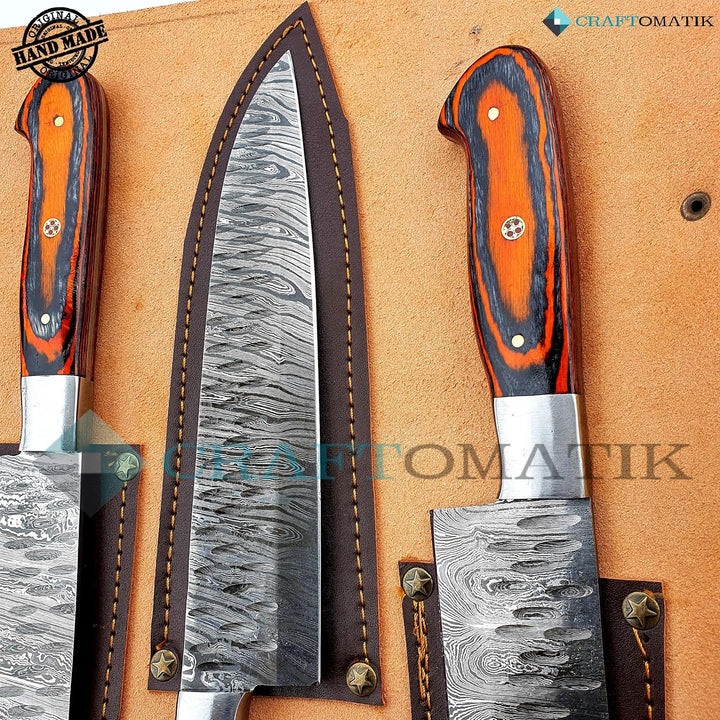Damast Stahl Chef Set| Küchenmesser Set Camping Grill Besteck Geschenkset mit Ledermesserrolle | Koc