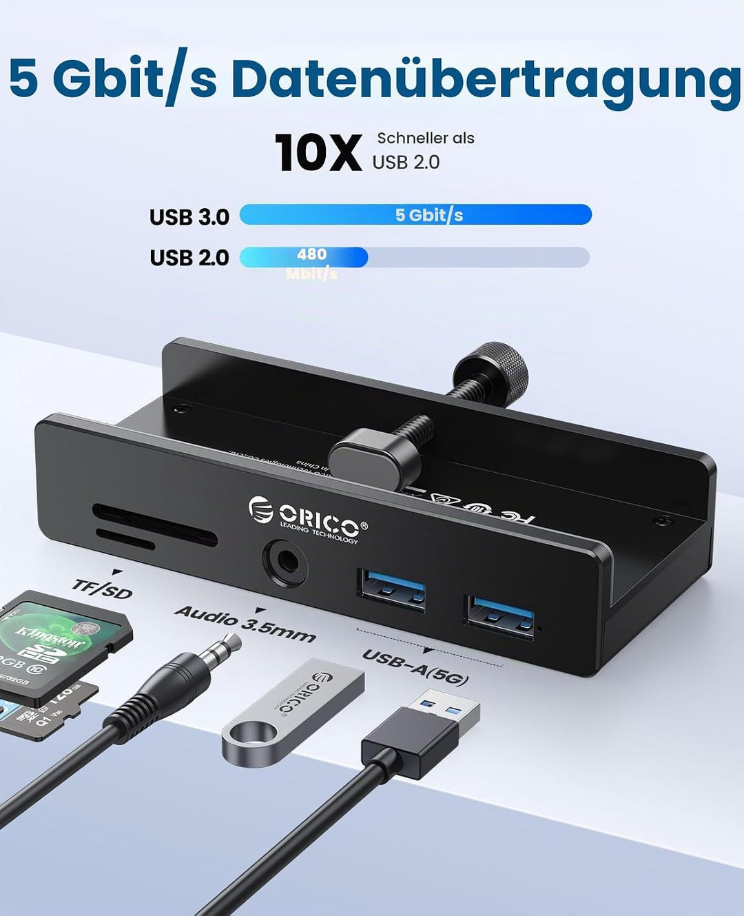 ORICO Clip-Typ USB Hub mit SD/TF Kartenleser, 5 in 1 USB Hub 3.0 mit 2 Typ A 3.0 Ports, 3.5 mm Audio