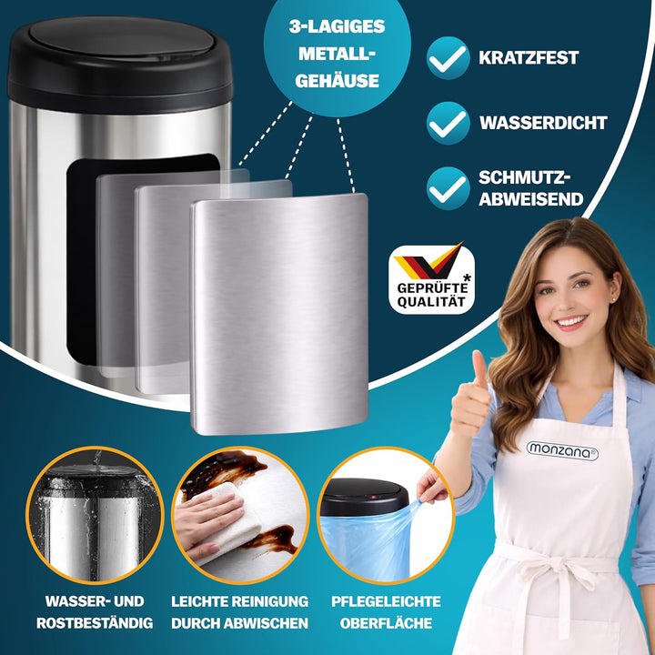 Monzana® Mülleimer Küche mit Deckel Sensor 30L Edelstahl USB Ladekabel Berührungslos Hygienisch Papi