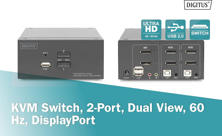 DIGITUS KVM-Switch 2-Port 4K DP Dual Display Switch 2 Computer – Dual-Monitor Input: DisplayPort, 2