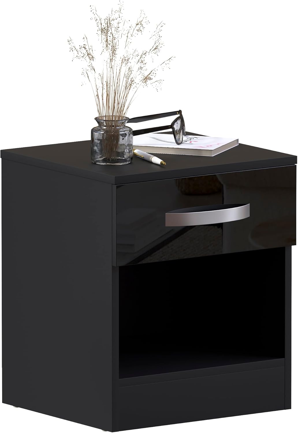 Vida Designs Hochglanz Nachttische, Nachttisch Beistelltisch (Schwarz, 1 Schublade) 1 Drawer Schwarz