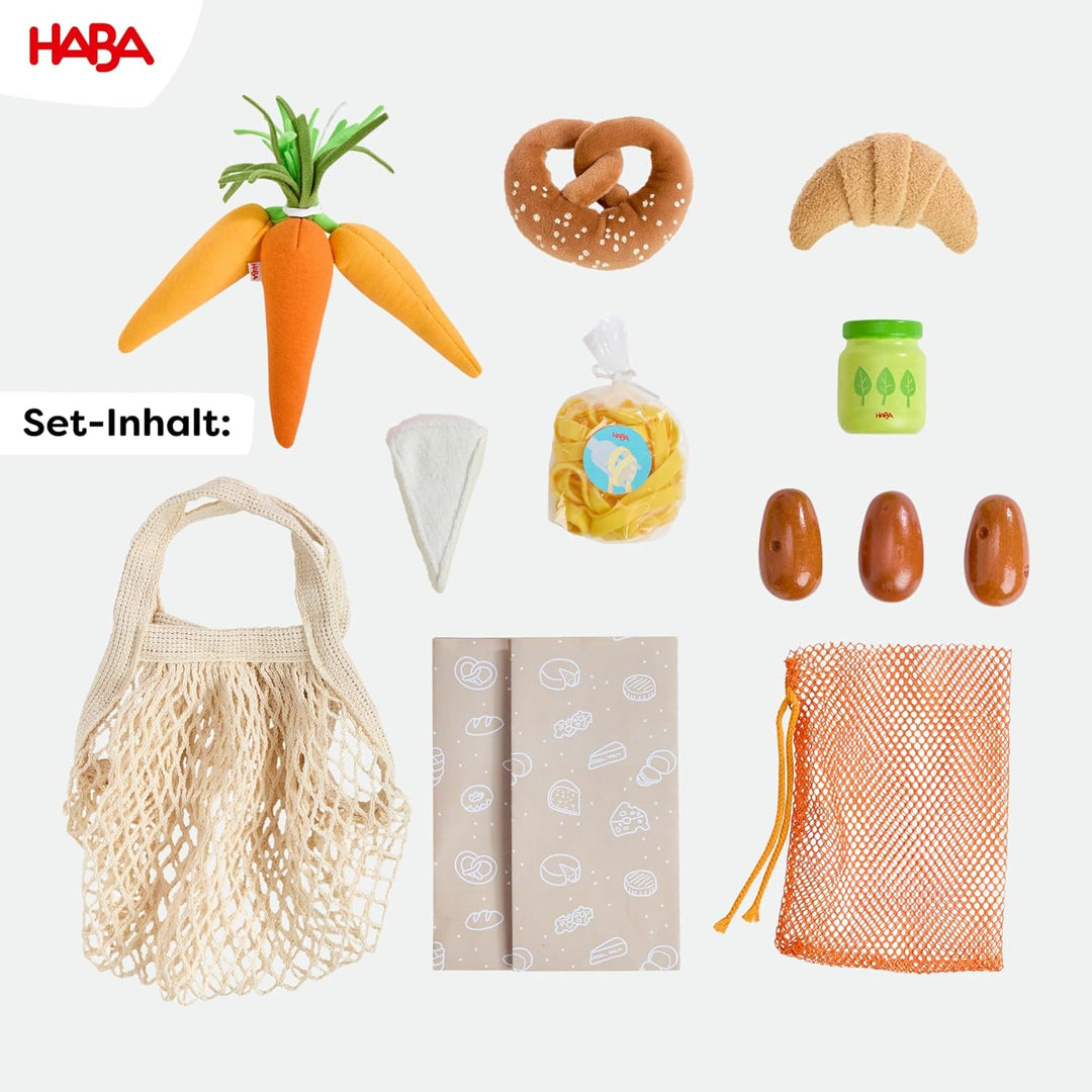 HABA Creative Play – Einkaufskorb – Spielzeug-Einkaufstasche mit Lebensmitteln aus Holz & Stoff – Zu