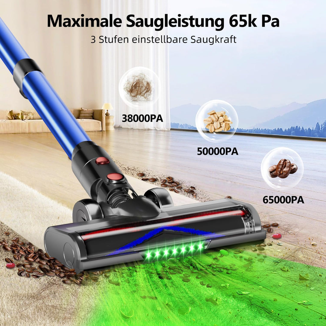 Akku Staubsauger, 65kPa/70Min Staubsauger kabellos, 1.8L Staubbehälter, 8-stufiges Filtersystem, LED