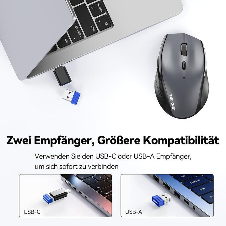 TECKNET PRO Bluetooth Maus Kabellos(2 BT 5.0+ 2,4 GHz) 6400 DPI Funkmaus | Wiederaufladbare, 6 Stufe