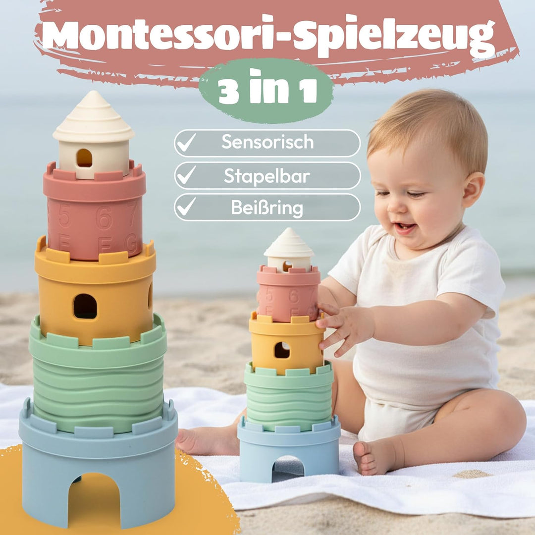 Stapelbecher Baby Silikon Montessori Spielzeug 3 in 1 – Stapelturm, Beissring &amp; Badespielzeug | Sens