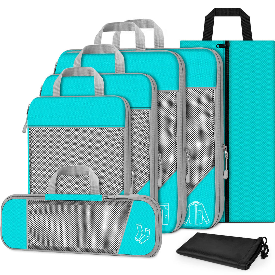 Koffer Organizer Set 7-teilig, Packtaschen mit Kompression, Compression Packing Cubes für Rucksack u
