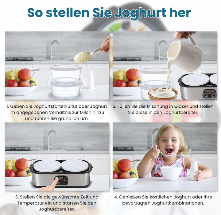 Joghurtbereiter mit 2 Glasbechern, Aartner Joghurt Maker Einstellbare Temperatur und Zeit, Joghurtma