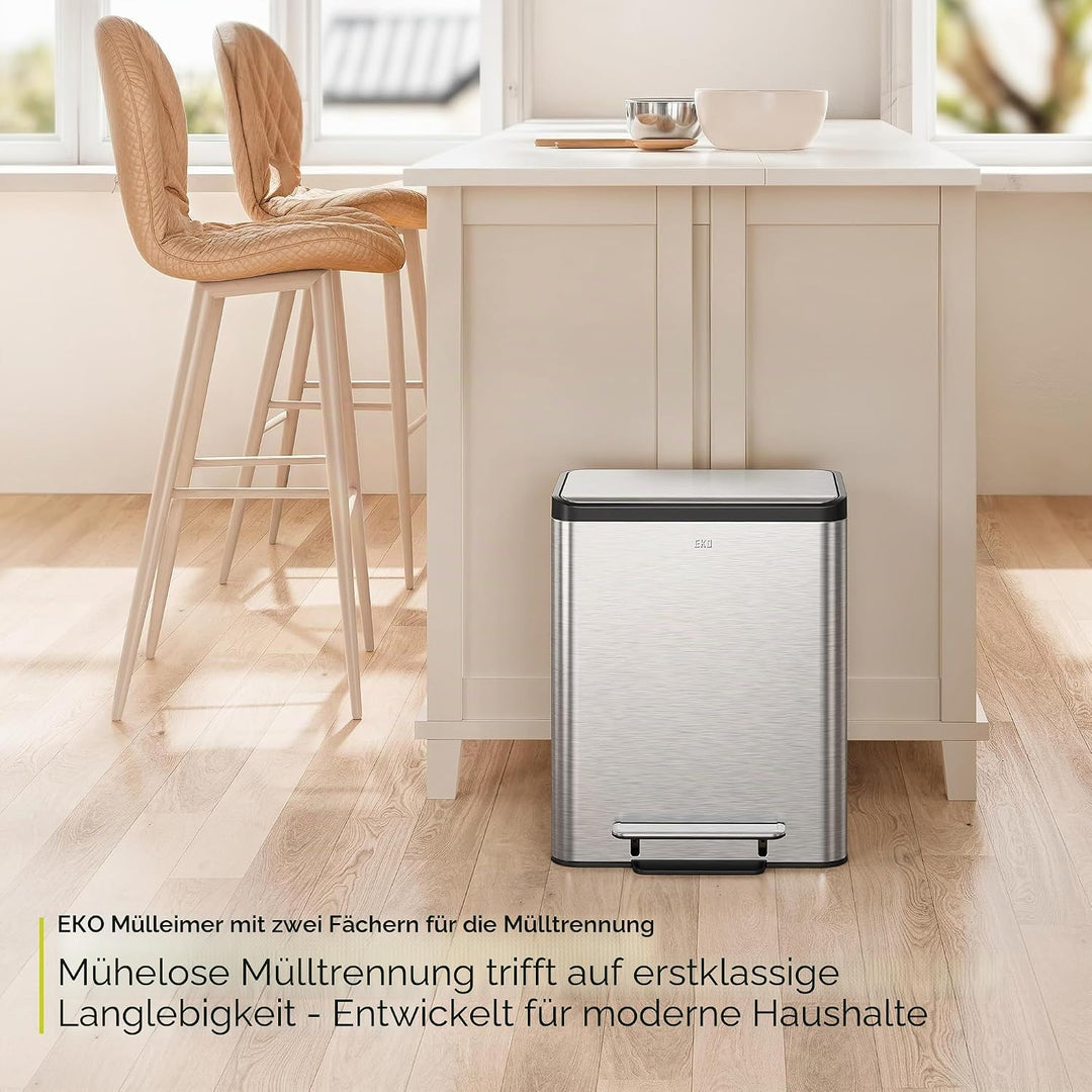 EKO Ecocasa Mülltrennsystem, Rostfreier Stahl, Silber/Schwarz/Grün, 15L 15L+15L, 15L+15L