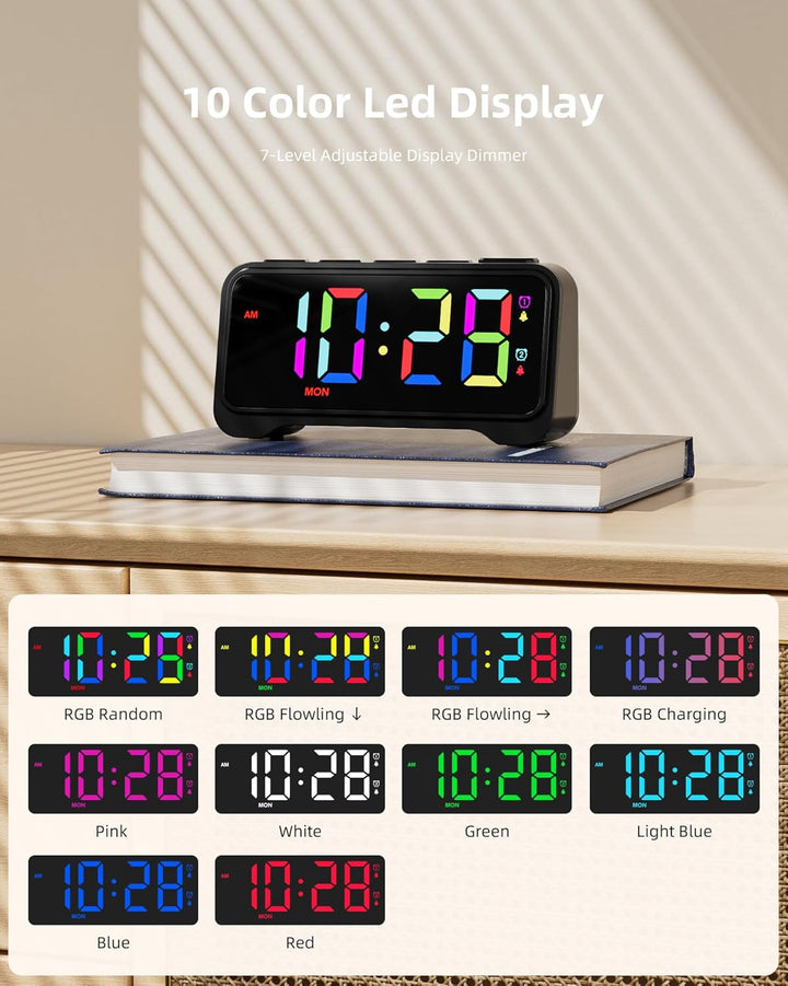 ROCAM LED Wecker Digital mit Grossen Zahlen, Nachttisch Wecker mit Typ-C & USB-Ladeanschluss, Dualer