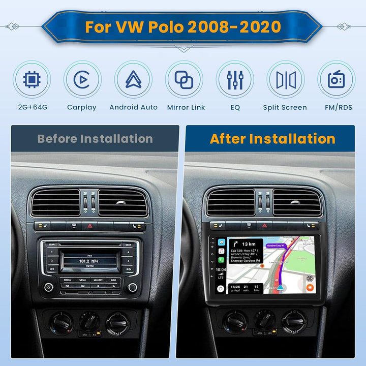 Android 15 Autoradio für Volkswagen VW Polo 5 2008-2020 mit Wireless CarPlay Android Auto 2+64G, 9 Z