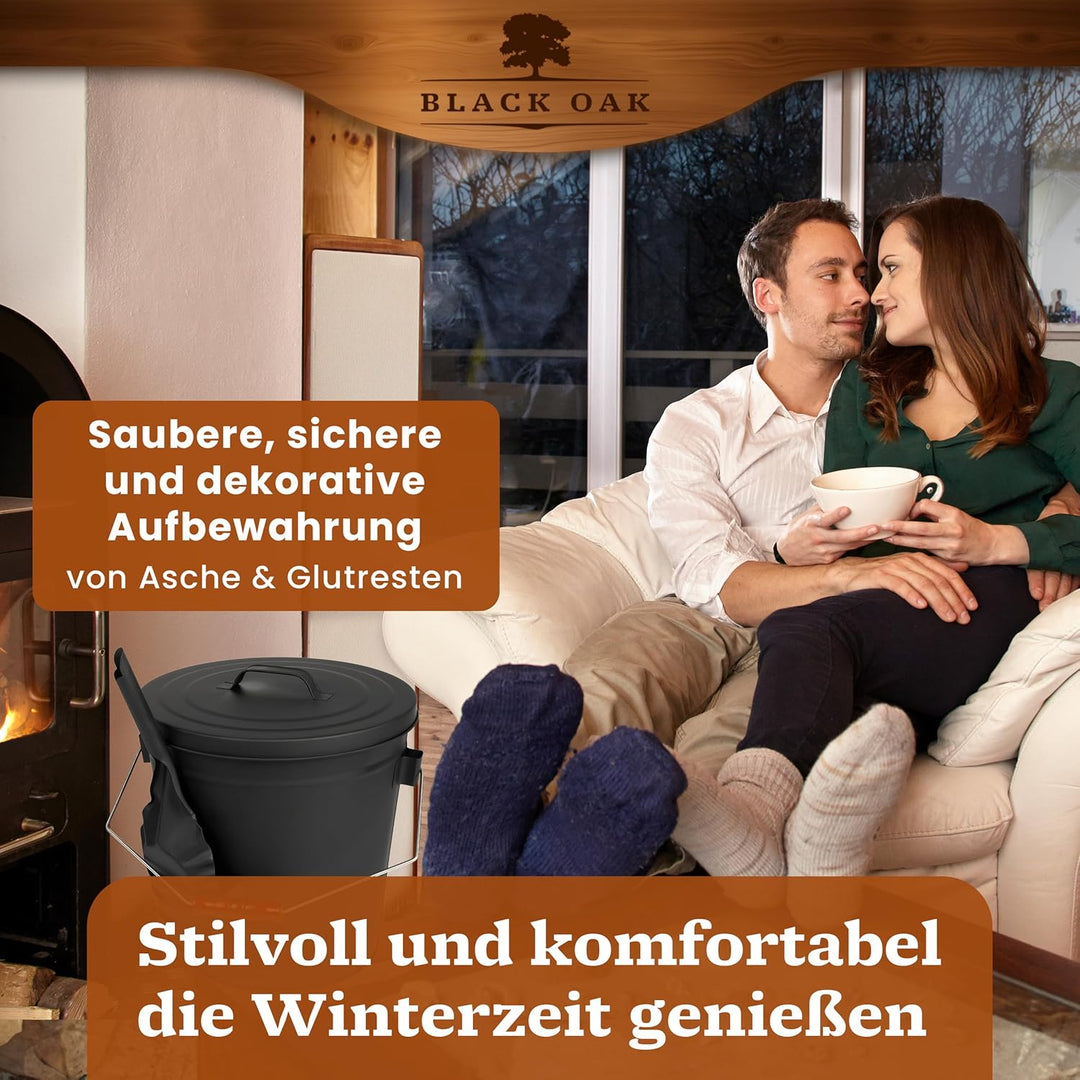 BLACK OAK Ascheeimer Stromboli 20L – schwarz mit Deckel Schaufel & Besen Bügel Silber gross 20 Liter