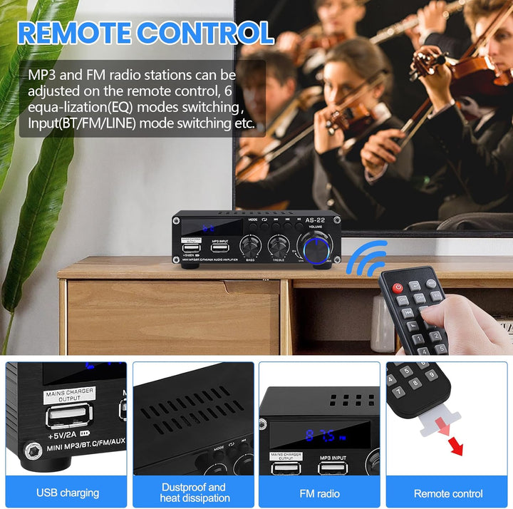 Bluetooth HiFi-Verstärker-AS-22 2.0 Kanäle Mini Stereo-Audioverstärker 40W x 2 Class D Digitale Powe