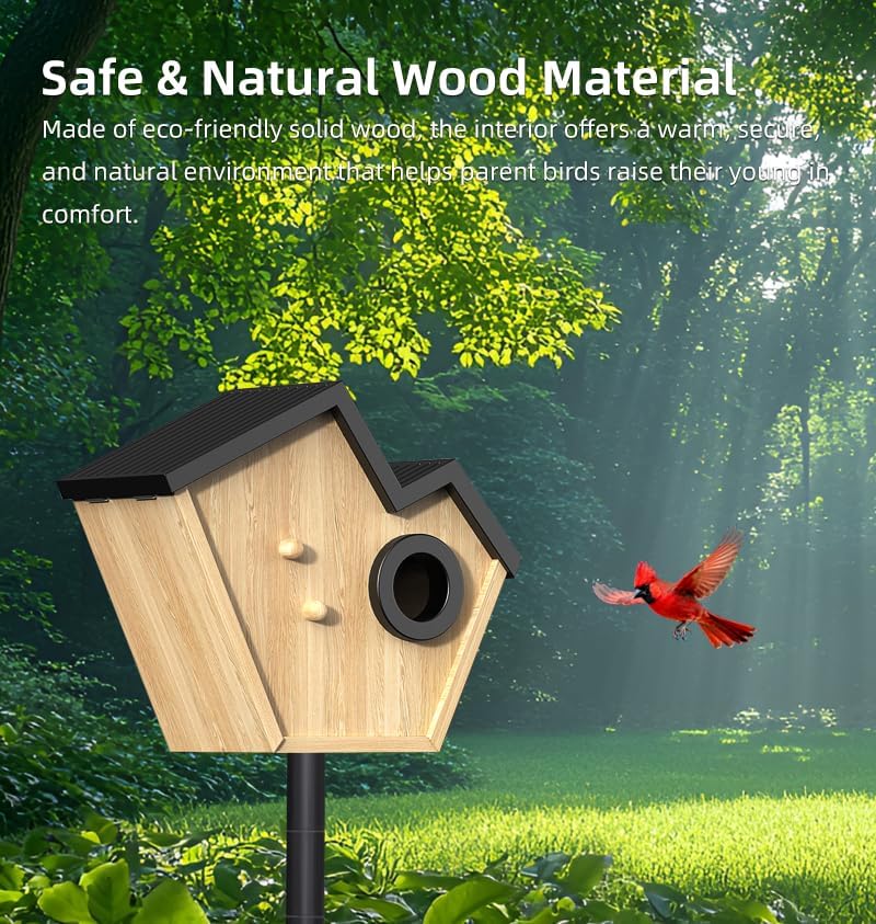Vogelhaus mit Kamera, 2K Kamera WLAN Outdoor mit Massivholz Nistkasten, 2,4G WiFi &amp; App Benachrichti