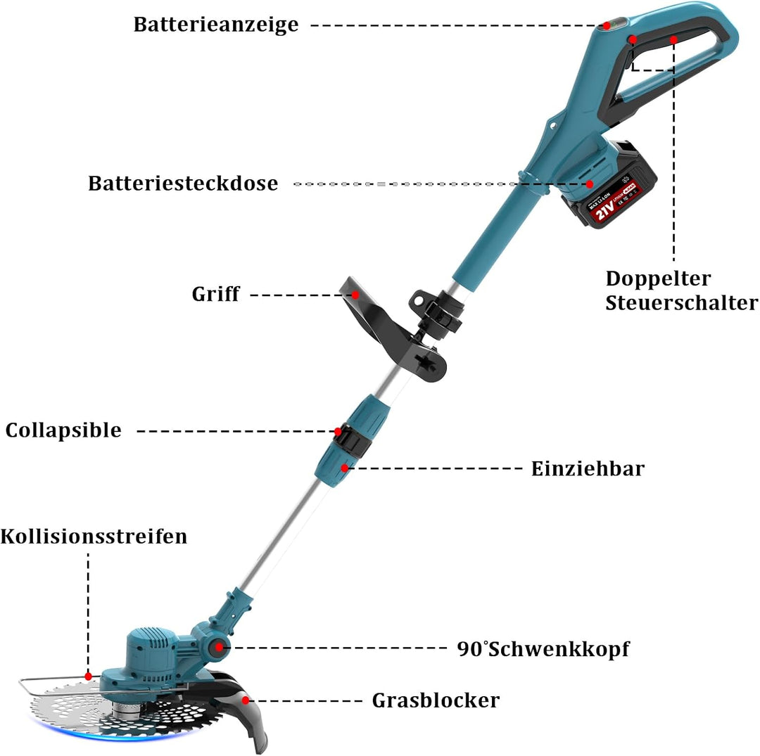 Rasentrimmer für Makita-Akkus mit 4 Klingentypen, Rasentrimmer mit Akku 2 4,0Ah und Unkrautbürste, 4